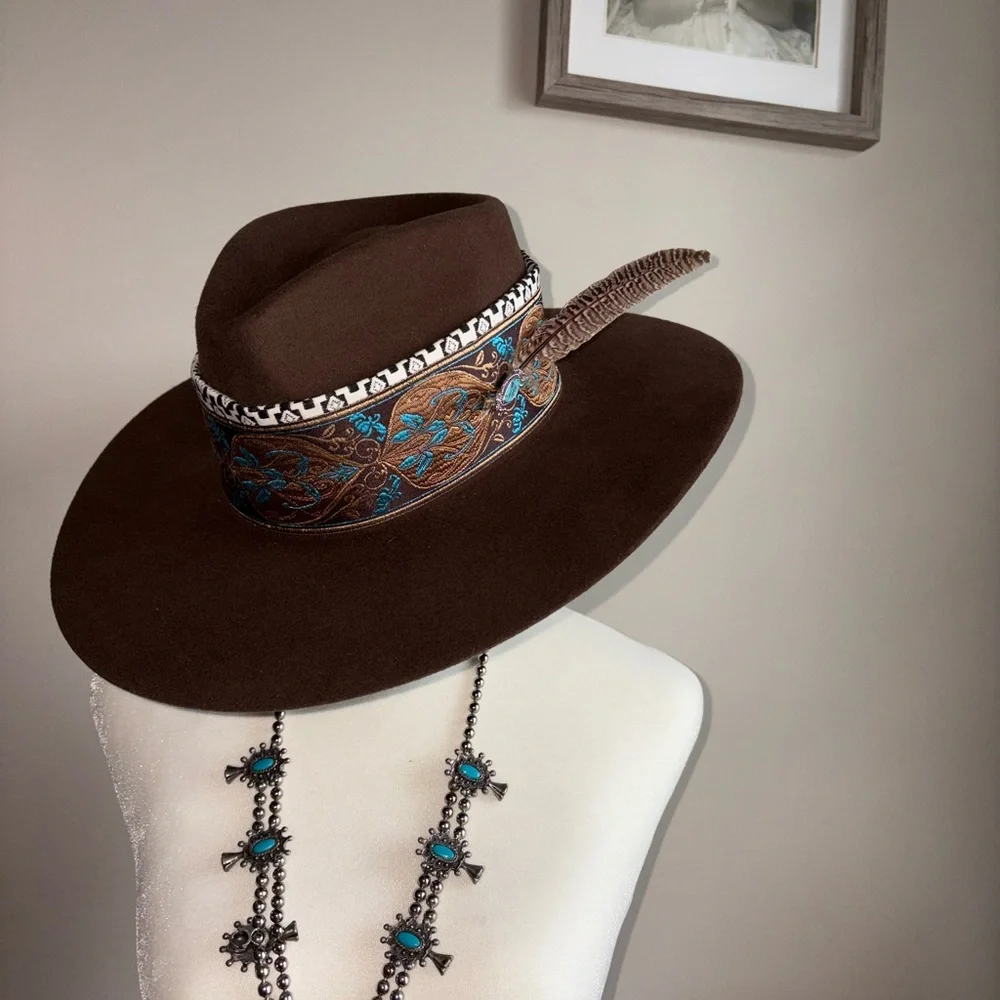 Brown Hat with Feather Accent - Picture 2 of 10